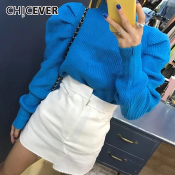 CHICEVER coreean Ruched Tricotate Pulovere pentru Femei O de Gât Puff Maneca Lunga pulover Pulover Supradimensionat de sex Feminin 2020 Toamna de Moda Noua