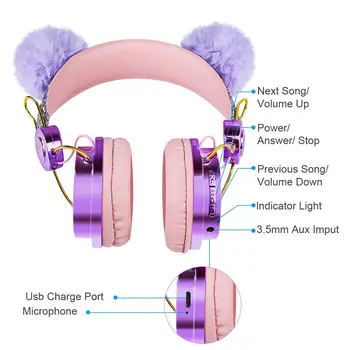 De Lux Diamant Drăguț Fără Fir Căști Cu Microfon Fata De Copil Bluetooth 5.0 Căști Cu Hairball Muzica Stereo Cască Pentru Copil Cadou