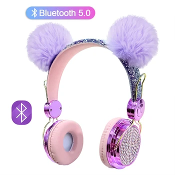 De Lux Diamant Drăguț Fără Fir Căști Cu Microfon Fata De Copil Bluetooth 5.0 Căști Cu Hairball Muzica Stereo Cască Pentru Copil Cadou