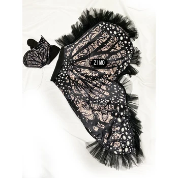 Costum de crăciun travestit festival negru aripi de fluture accesorii stras dans haine femei cu coada scena cosplay