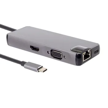 8-in-1 USB-C Adaptor de Tip C Hub cu USB3.0 x 2 + HDMI + VGA + adaptor Gigabit Ethernet