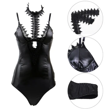 Ohyeahlover Faux din Piele Body Corp Negru Femeie Sexy Club Purta Plus Dimensiune Costume Ștreangul de Gât Salopeta Chocker Teddy RM80663