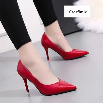 Cresfimix mulheres saltos altos femei de înaltă calitate, cu toc de piele pu pantofi doamnă a subliniat toe pantofi roșii tocuri negru, de mare c2791