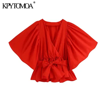 KPYTOMOA Femei 2020 Moda Cu Arc Legat Elastic Ornamente Bluze Vintage V-Neck Maneca Scurta Femei Tricouri Blusas Topuri Chic