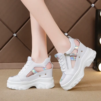 Rimocy 2019 Vara Femei Sandale 9cm Pene Gol Afară de Adidași Femei ochiurilor de Plasă Respirabil Platforma Pantofi Casual Femei Pantofi Albi