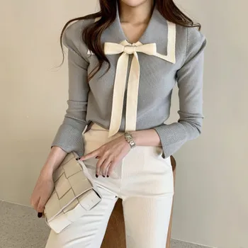 2020 Toamna Culoare-blocat Tricotate coreean Elegante Femei Pulovere de Semnalizare Maneca Guler de Turn-down de Epocă Doamnelor Pulovere Topuri