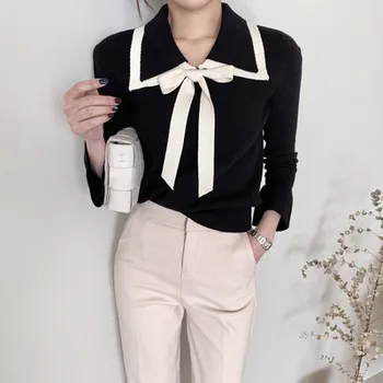 2020 Toamna Culoare-blocat Tricotate coreean Elegante Femei Pulovere de Semnalizare Maneca Guler de Turn-down de Epocă Doamnelor Pulovere Topuri