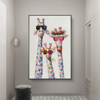 Girafa De Familie Cu Ochelari De Ulei Tablouri Print Pe Pânză Imagini De Artă De Animale Street Art Postere Si Printuri Pentru Decor Camera Pentru Copii