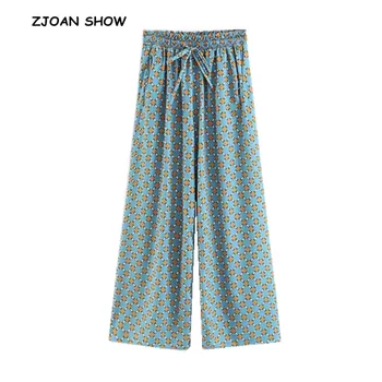 Vintage Contrast Geometrice Dot Print Pantaloni Largi Picior De Vacanță 2018 Femeie Cheotoare Elastic Talie Mare Timp Liber Pantaloni Casual