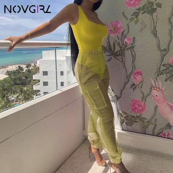 Novgirl Set de Două Piese pe Un Umăr Bodysuit Topuri Și plasă de Pantaloni de Marfă 2019 Summer Club Petrecere Sexy Costum Salopeta Set de Potrivire