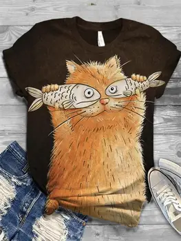 2020 Femei Pisica Desene animate Imprimate Casual de Bumbac T-shirt cu Maneci Scurte Topuri de Vara Tee O-gât de Animale de Imprimare Femei T Shirt