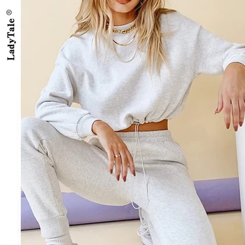 LadyTale Fleece Două Bucata Set Pentru Femei Pantaloni Și Top 2020 Iarna Stivuite Pantaloni De Trening Femei Jachete Lounge Purta Joggeri