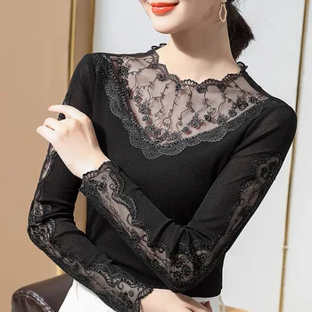 Noi 2021 Primăvară Femei Dantelă Topuri Elegante Slim cu Maneca Lunga Mozaic ochiurilor de Plasă T-Shirt Plus Dimensiune M-4XL Tricou Negru