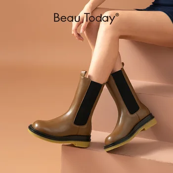 BeauToday Chelsea Cizme Femei Piele De Vaca Lungimea Jumătatea Vițel Culori Amestecate Rotund Deget De La Picior Elastic Moda Doamnelor Pantofi Handmade 02374