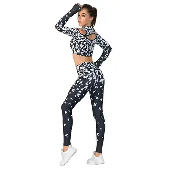 Femei Sexy Sport uzura de Yoga, Set Sport Îmbrăcăminte de Fitness Jambiere+Trunchiate Tricouri Sport pentru Femei Costum cu Maneci Lungi de Trening Active Wear