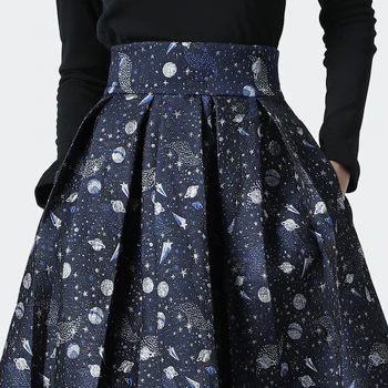 Moda Univers Spațiu Albastru Jacard Femei Fusta Mare Așteptați O Linie Plus Dimensiunea Fuste Plisate Doamnelor Streetwear Iarna Fusta Midi