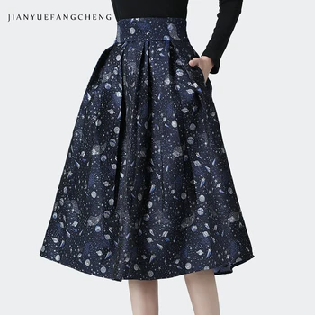 Moda Univers Spațiu Albastru Jacard Femei Fusta Mare Așteptați O Linie Plus Dimensiunea Fuste Plisate Doamnelor Streetwear Iarna Fusta Midi