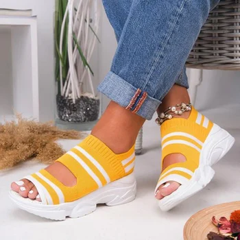 Femei Sandale pentru Femeie Pantofi Tesatura Stretch Aluneca pe Gol Afară Peep Toe Fund Gros Casual Capac Toc Doamnelor sex Feminin 2020 Nou