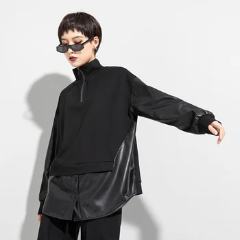 Negru cu Fermoar Mozaic PU Tricou Femei Nou Liber Stand de Guler Maneca Lunga Pulover pentru Femei de Moda Haine de Primavara Toamna 2021