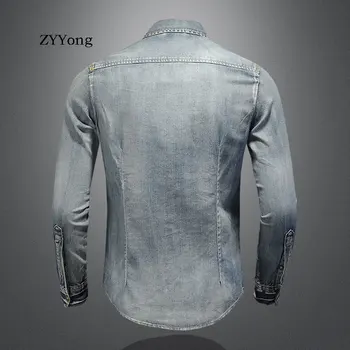 ZYYong Noua Moda Rever Maneca Lunga Barbati Denim Tricou Retro Slim Albastru Motocicleta Stilul Streetwear Agrement Strat Subțire