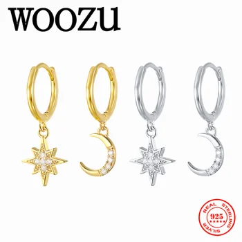 WOOZU Real Argint 925 coreea Zircon Alb Strălucitor Moon Star Pendant Picătură Cercel Pentru Femei Petrecerea de Nunta Bijuterii de Moda