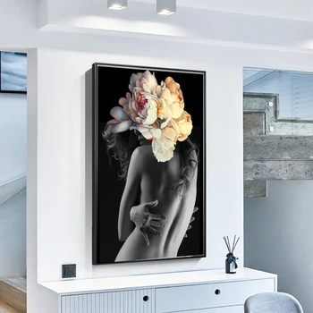 WANGART Nordic Poze Postere Decorativ de Perete Flori de Pană Femei Nud Pictura Ulei Panza Arta de Perete pentru Camera de zi Bucatarie