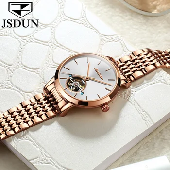 JSDUN Elveția Brand de Lux Automat Mechanical Ceas Aur roz Doamnelor Tourbillon Ceasuri din Oțel Inoxidabil Încheietura mîinii ceas