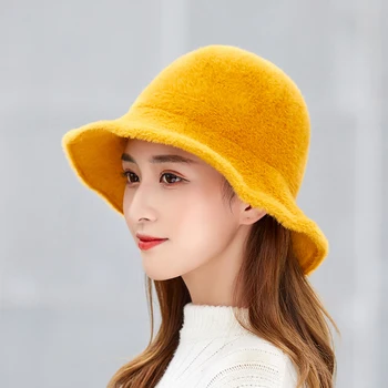 Toamna iarna moda Imitație de blană de nurcă mare cozoroc pălărie pescar femei catifea ține de cald pălărie găleată Pliabilă Versatil solid soare capac