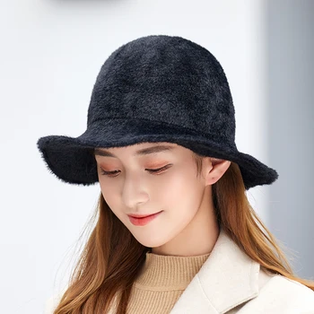 Toamna iarna moda Imitație de blană de nurcă mare cozoroc pălărie pescar femei catifea ține de cald pălărie găleată Pliabilă Versatil solid soare capac