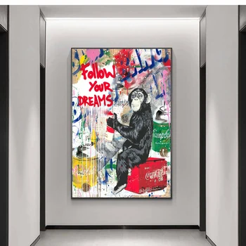 Urmează-Ți Visele Gorilla Graffiti Tablouri Canvas Postere si Printuri Maimuță Wall Street Art Imaginile pentru Camera de zi Decor