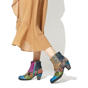 Vintage Despicare Tipărite Glezna Cizme Pentru Femei Pantofi pentru Femeie din Piele PU Retro Bloc Tocuri inalte Cizme pentru Femei 2020