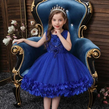Fata noua Nunta de domnisoare de Onoare petală ochiurilor rochie pentru copii rochie cu Paiete, Margele Princess Party Petrecere Rochie Jacquard