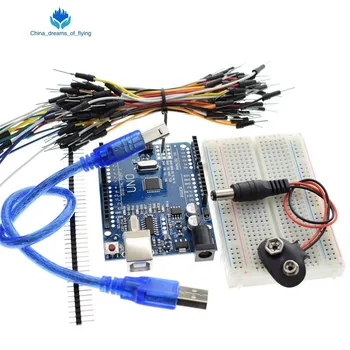TZT Starter Kit pentru arduino Uno R3 - Pachet de 5 Articole: Uno R3, Breadboard, Cabluri de legătură, Cablu USB și Conector Baterie 9V
