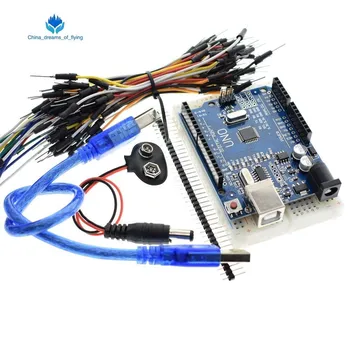 TZT Starter Kit pentru arduino Uno R3 - Pachet de 5 Articole: Uno R3, Breadboard, Cabluri de legătură, Cablu USB și Conector Baterie 9V