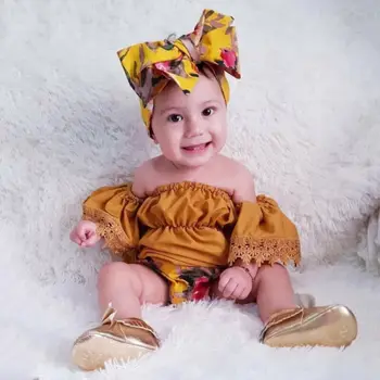2019 Nou-născuți pentru copii Copii de Haine de Fata a pornit de Umăr Maneca Scurta Galben Vârfurile Florale pantaloni Scurți Bentita Îmbrăcăminte Tinuta 3PCS