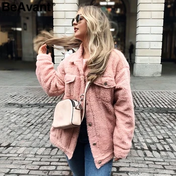 BeAvant Miel lână de iarnă pentru femei teddy haină de blană cald blană la Modă pink lady haina Buzunarul de la haină scurtă de blană faux blana îmbrăcăminte exterioară 2019