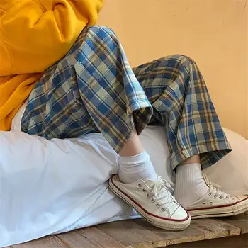 Pantaloni Casual Pentru Femei Primavara-Vara Direct Talie Mare Carouri Elastic Plus Dimensiune Pantaloni Largi Picior Stil Coreean De Sex Feminin Chic Liber