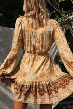 Print vintage boem femei rochie 2020 toamna Noi V-neck imprimate cu Mâneci Lungi Rochii mini cu talie înaltă rochie de Dantelă-up elegant