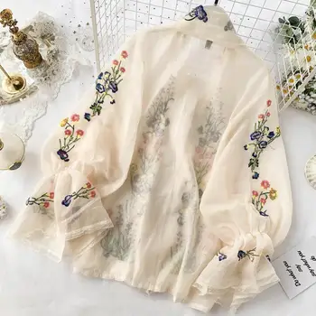 2019 noua moda franceză de femei Vintage Brodata bluza Tricou Femei Dantelă Arcul de semnalizare Maneca Lunga Top Vrac