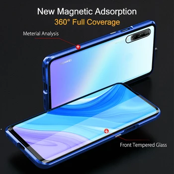 360 magnetic flip case pentru huawei p30 lite lumina nova 5t y9s p inteligent pro 2019 caz de metal cadru față-verso, capac sticla