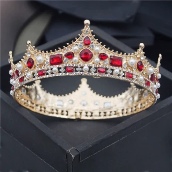 Regal Baroc Regele Diademă Bărbați Perle De Cristal Metal Diademe De Mireasa Bijuterii De Păr Coroana Mare Cap Ornamente Bal Accesorii De Petrecere