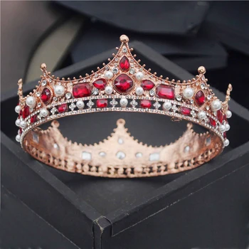 Regal Baroc Regele Diademă Bărbați Perle De Cristal Metal Diademe De Mireasa Bijuterii De Păr Coroana Mare Cap Ornamente Bal Accesorii De Petrecere