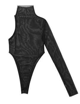 Femei-O bucată de Tricou Body Clubwear Topuri Gât Înalt Singur Maneca Mare Tăiat Vedea Prin intermediul ochiurilor de Plasă Pur Teddy Bodysuit Catsuit