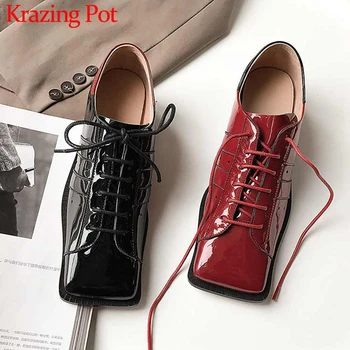 Krazing oală de Internet populare de moda de mare vacă din piele pantofi deget de la picior pătrat med tocuri dantela femei streetwear culori amestecate pompe L05