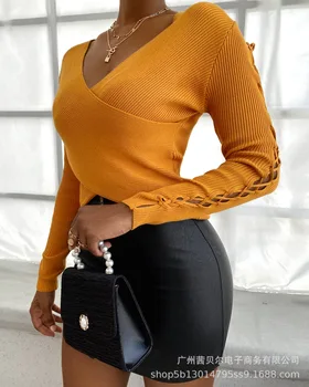 WEPBEL Moda Toamna cu Maneci Lungi V-neck Slim-Fit Dantela tricou Femei de Top Casual, de Culoare Solidă Tricotate T-shirt