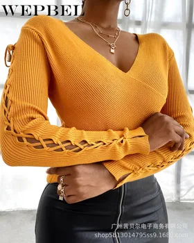WEPBEL Moda Toamna cu Maneci Lungi V-neck Slim-Fit Dantela tricou Femei de Top Casual, de Culoare Solidă Tricotate T-shirt
