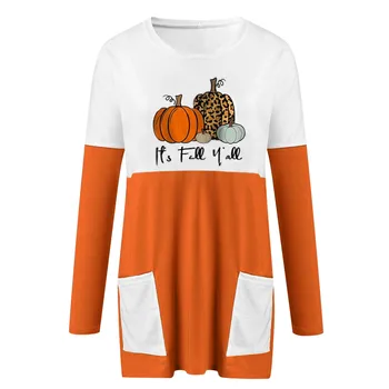 Halloween Dovleac de Imprimare tricou cu Maneci Lungi, Buzunare Toamna anului 2020 Moda Tricou O-gât rochie potrivesc Tricou Camisetas