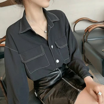Bluze Femei Solidă Buzunare Simple de Agrement Maneca Lunga Tricouri Chic Plus Dimensiune 3XL Liber Elegante pentru Femei Elegante, Toate-meci Slim