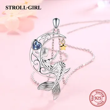 Strollgirl Noi argint 925 frumoasa Sirena lanț pandantiv zircon luna steaua colier pentru Femei Bijuterii de Moda gratuit nava