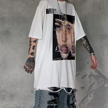 Ins Europa high street întuneric înmormântare sub-forțat portret imprimare hip-hop retro liber cu mânecă scurtă T-shirt barbati femei